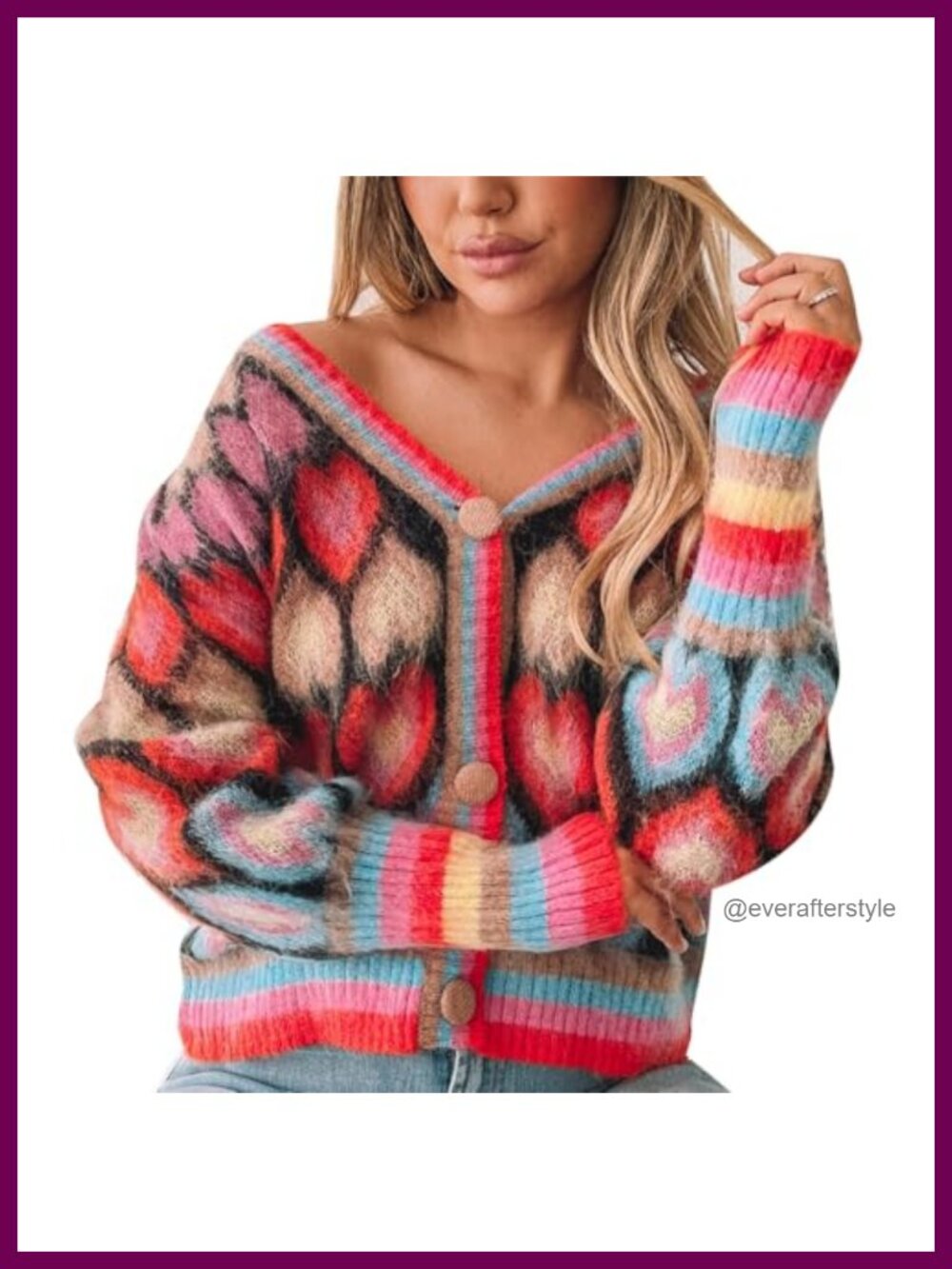 Cute Acrylic Knit Cardigan Heart Print Button Open Front V-Neck Y2K Cardigans